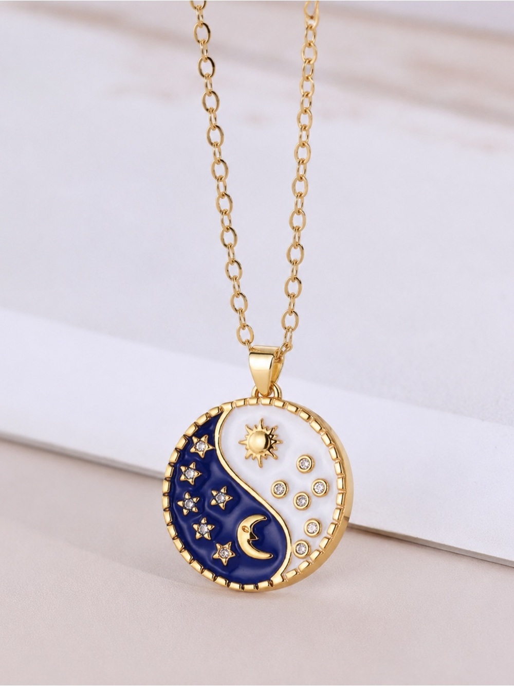 “Night vs Day” Yin Yang Sun Moon Blue White Star Crystal Gold Medallion Necklace - Picture 2 of 8